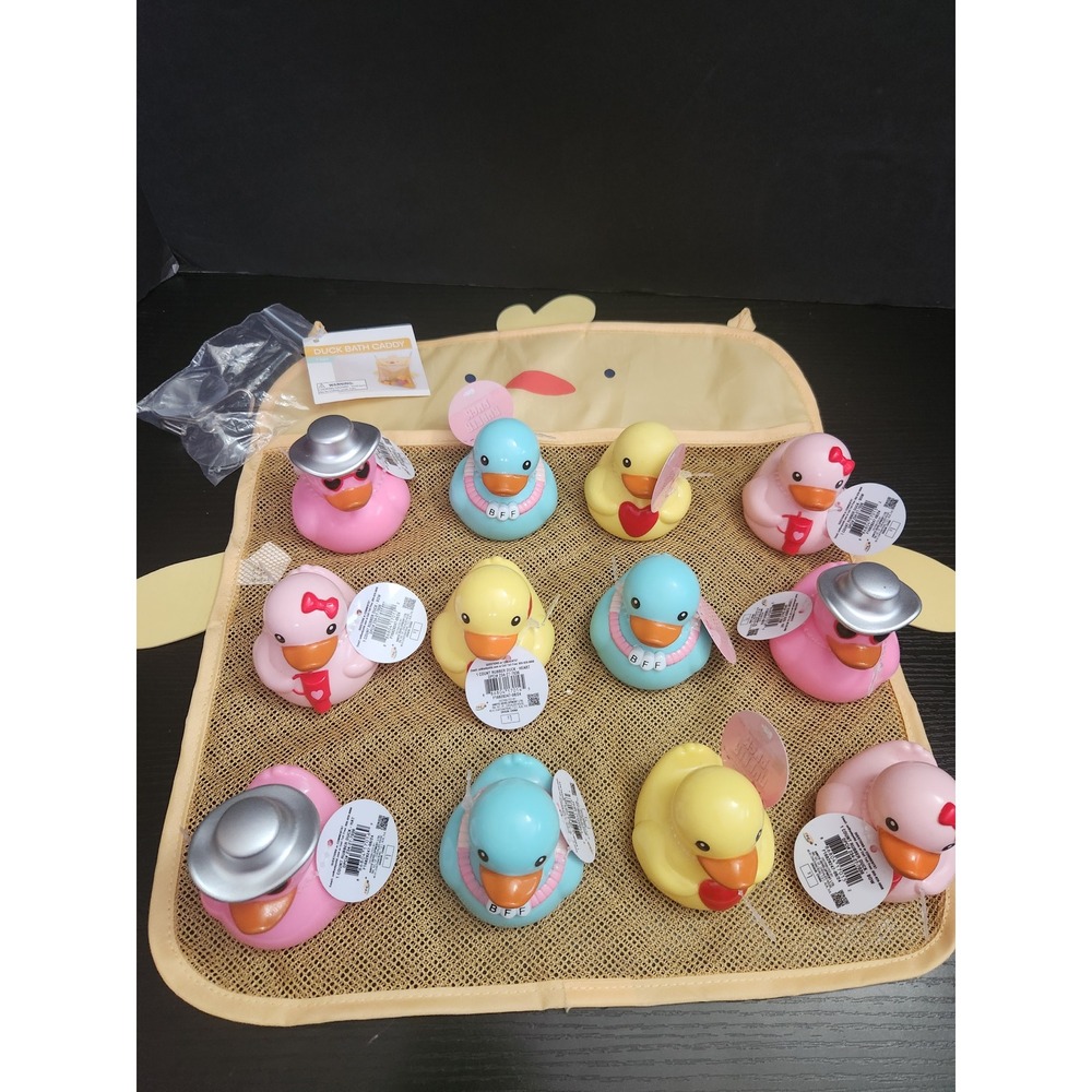 12pc‎ Assorted Rubber Duck Set with Mesh Duck Bath Caddy Organizer New with Tags